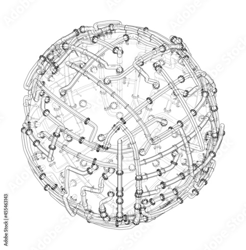 Pipes with flanges around a large sphere. Vector