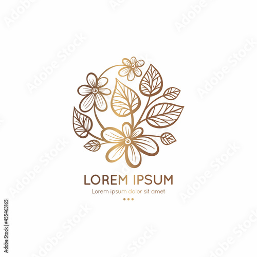 Golden emblem with flowers in a circle shape. Can be used for jewelry, beauty and fashion industry. Great for logo, monogram, invitation, flyer, menu, background, or any desired idea.