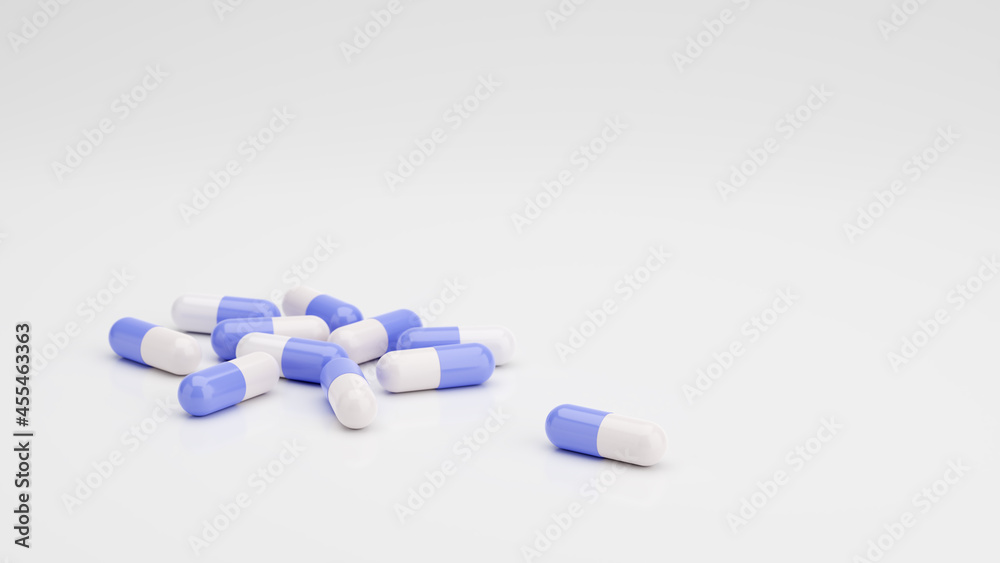 3d blender of Medicine capsules blue and white color isolated on white backgrounds,3D rendering. Selective focus. 3d blender of Medicine capsules blue and white color isolated on white backgrounds,3D rendering. Selective focus.