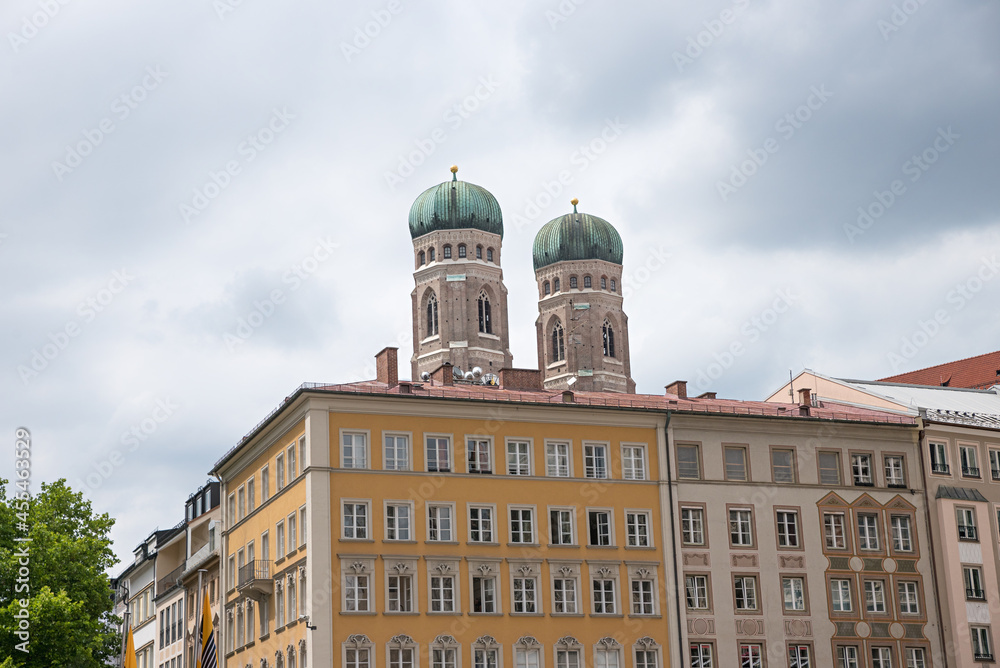 view to famous towers of Frauenkirche, from Marienhof courtyard, Munich old town