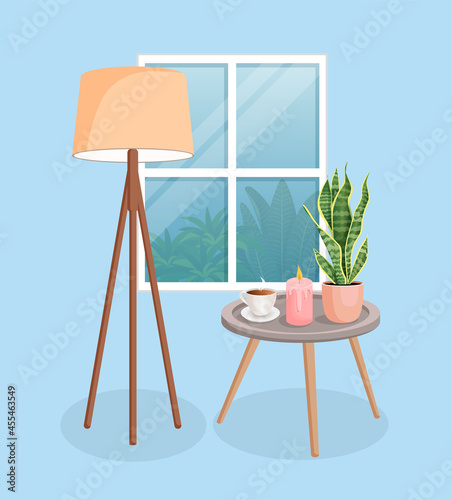 Interior with a coffee table, a lamp by the window. Vector illustration of house elements. Cartoon style