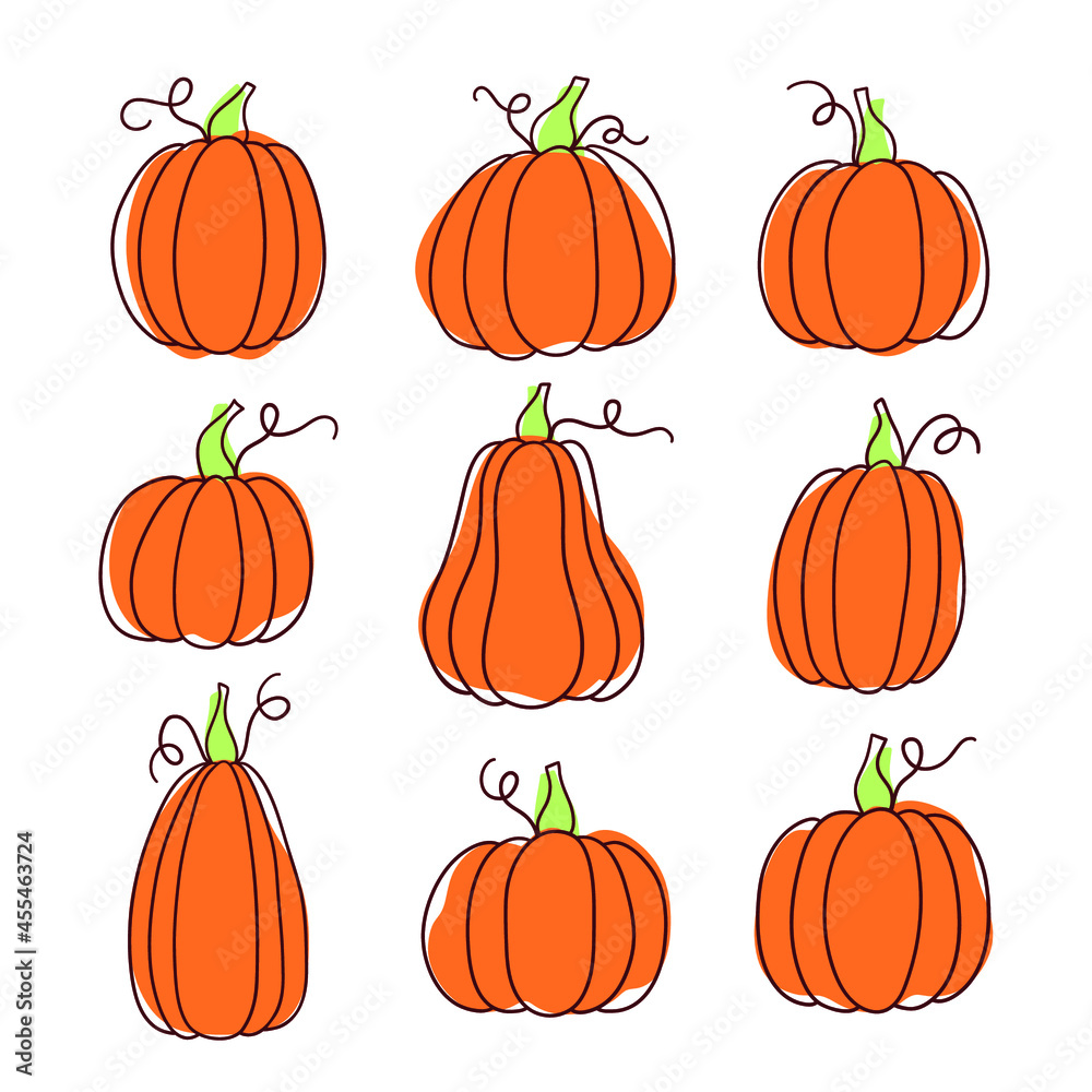 Set of doodle pumpkins in various shapes. Elements for autumn decorative design, halloween invitation, harvest, Thanksgiving greeting cards.