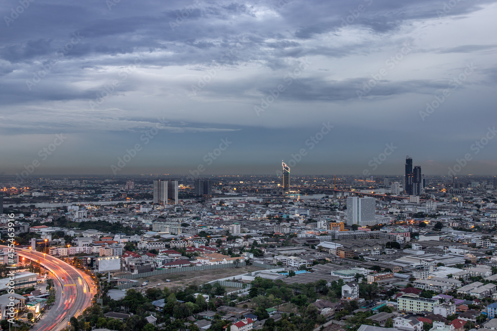 Bangkok, thailand - May 11, 2020 : Sky view of Bangkok with skyscrapers in the business district in Bangkok in the evening beautiful twilight give the city a modern style. Selective focus.