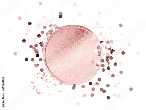Rose gold metal label with frame and sequins vector illustration. Tempate for invitation and greating card.