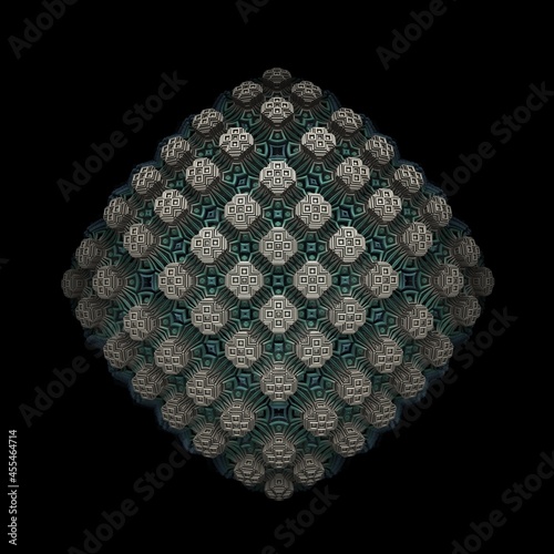 An isolated 3D fractal object of recursive structures with a dark background.