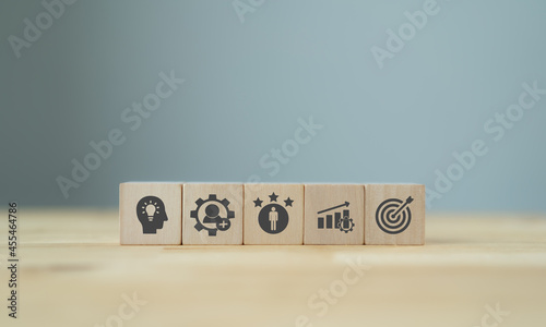 Banner competence, skills and knowledge concept for human resource management (HRM). .Wooden cubes with knowledge, skills, experience, performance and goals icon on grey background with .copy space.