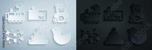 Set Pyramid toy, Teddy bear plush, Carnival garland with flags, Rubber duck, Piece of puzzle and Toy train icon. Vector
