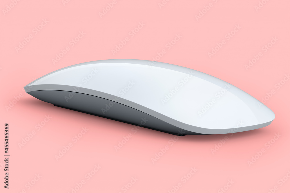 Realistic white wireless computer mouse with touch isolated on pink background. Realistic white wireless computer mouse with touch isolated on pink background.