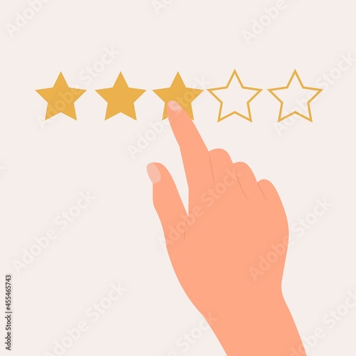 Hand finger pointing to  five star rating. Testimonials, rating, feedback, survey, quality and review. Vector illustration in flat style