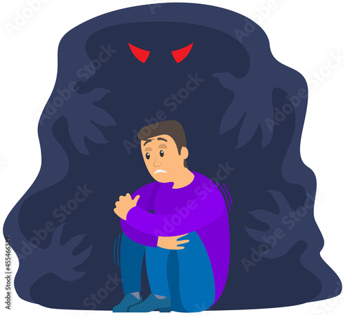 Fear of darkness concept. Man scared of spooky monster from nightmare. Person is afraid of ghost. Guy sits and shakes with fright next to monster, ghost in dark. Nightmare, fear of dark, phobia