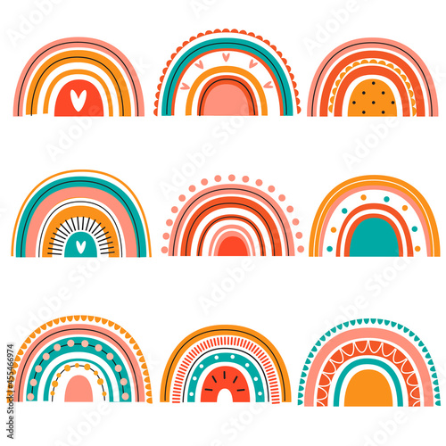 Collection of cute colorful rainbows in boho style for kids and children design
