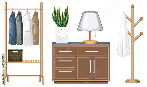 Furniture set for walk in closet interior design on white background