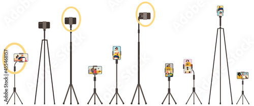 People broadcasting, video blog, stream on smartphone. Live streaming vector illustration. Online program, streaming live, podcast on phone. Set of smartphones on tripods with podcast on screen