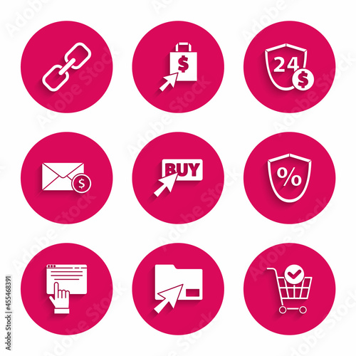 Set Buy button, Cursor click document folder, Shopping cart with check mark, Loan percent, Online shopping screen, Envelope coin dollar, Shield and Chain link icon. Vector