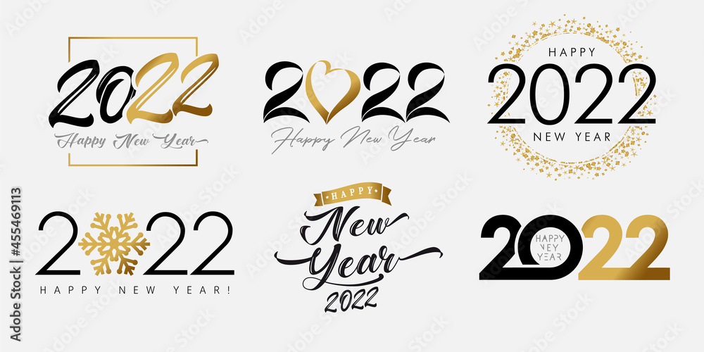 Big set of 2022 Happy New Year logo, gold & black lettering with heart, snow, ribbon and glitter. Luxury graphic numbers design template for calendar, banner, postcard or poster
