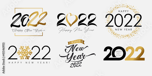Big set of 2022 Happy New Year logo, gold & black lettering with heart, snow, ribbon and glitter. Luxury graphic numbers design template for calendar, banner, postcard or poster