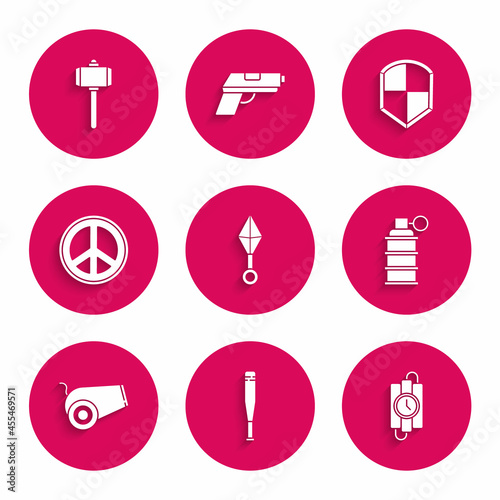 Set Japanese ninja shuriken, Baseball bat, dynamite stick and timer clock, Hand grenade, Cannon, Peace, Shield and Battle hammer icon. Vector