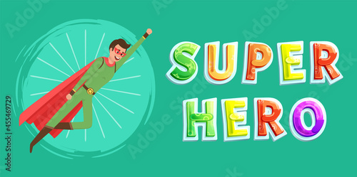 Strong super man smiles and flies to save world stretched out his hand. Brave character in superhero costume with cloak on white background. Cartoon person hurries to protects people from villains