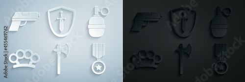 Set Medieval axe, Hand grenade, Brass knuckles, Military reward medal, shield with sword and Pistol gun icon. Vector
