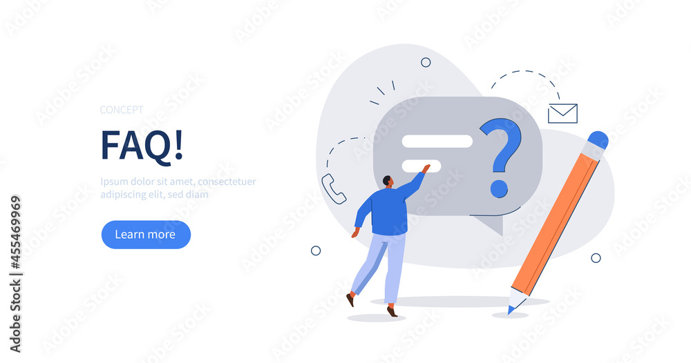 Character sending customer support a question.  Man ask questions and receive answers. Frequently asked questions concept. Flat cartoon  vector illustration. - obrazy, fototapety, plakaty 