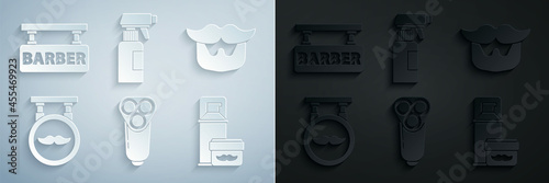 Set Electric razor blade for men, Mustache and beard, Barbershop, Shaving gel foam, Hairdresser pistol spray bottle and icon. Vector