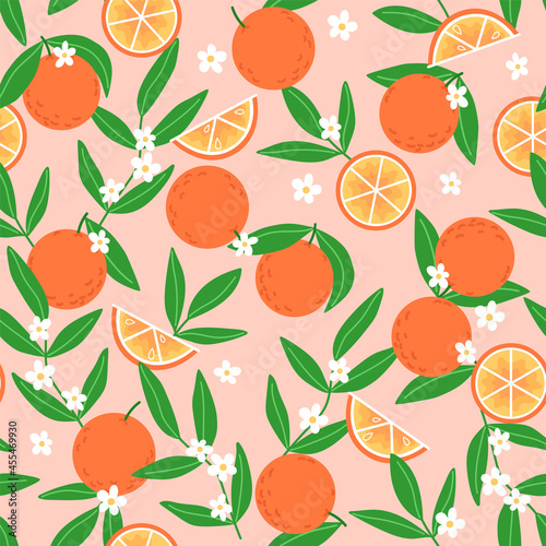 Summer seamless pattern of oranges with green leaves and white flowers on a beige background