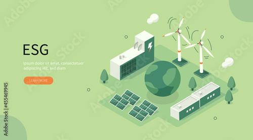 Sustainable ESG industry with windmills and solar energy panels. Environmental, Social, and Corporate Governance concept. Flat isometric vector illustration.