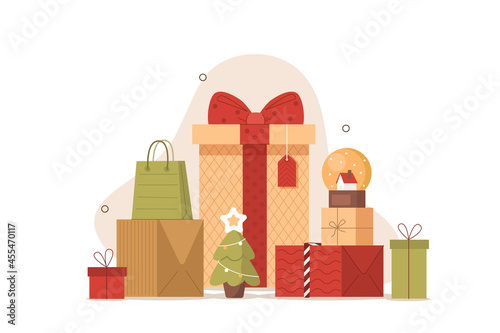 Colorful gift boxes pile decorated with bows and ribbons. Different holidays presents set. Merry Christmas and Happy Hew Year concept. Flat cartoon vector illustration isolated.