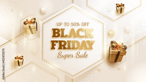 Black friday sale banner background with realistic gift box with ribbon gold luxury. 3d vector illustration.