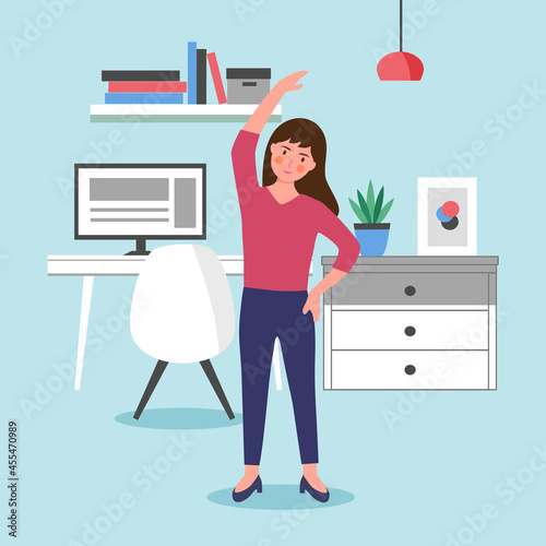 Businesswoman doing exercise in office concept vector illustration. Office syndrome prevention. Stretching exercise.