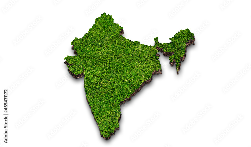 India map made of green grass and soil on the white isolated background