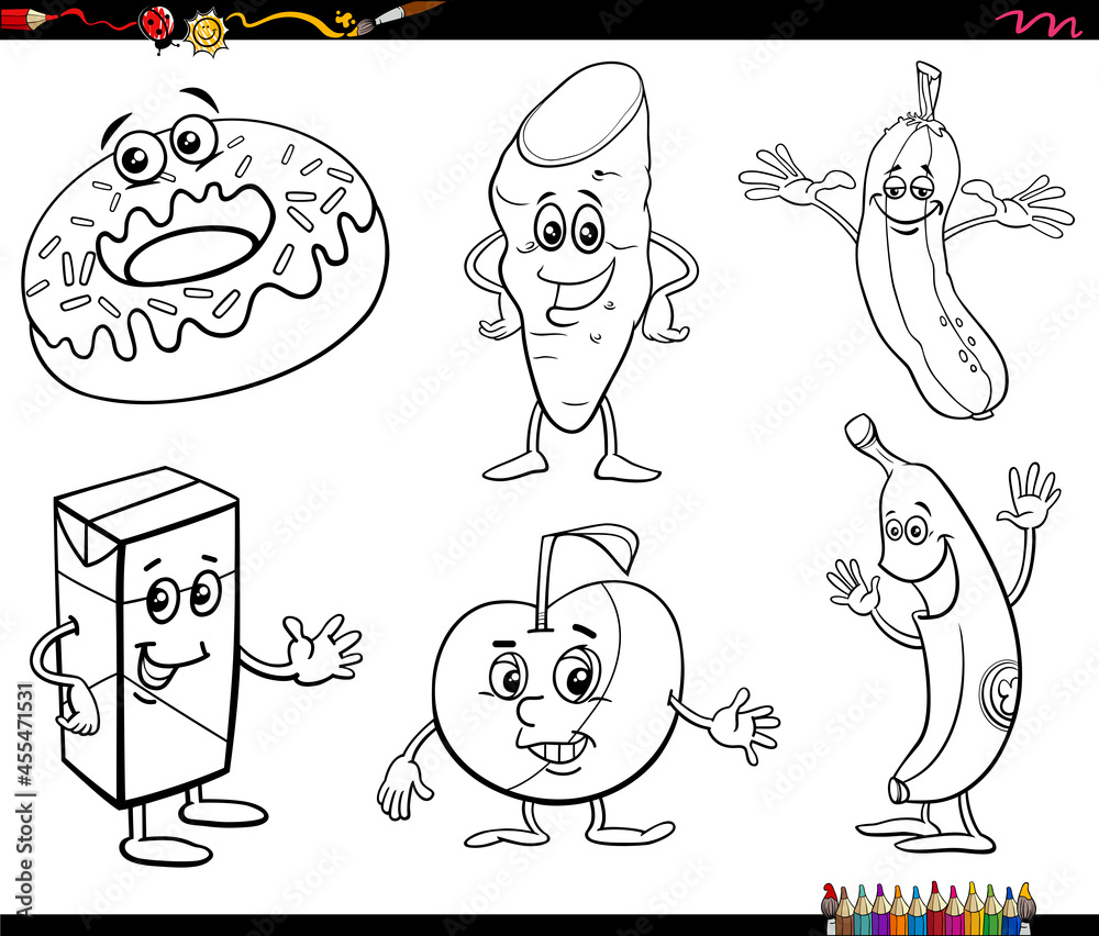 cartoon food objects characters set coloring book page
