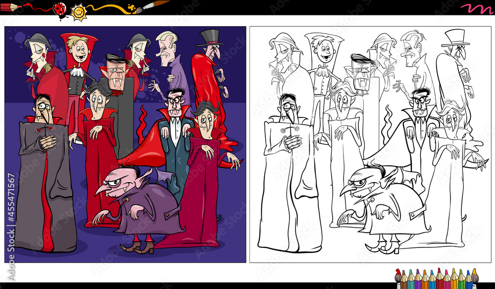 cartoon vampires comic characters coloring book page Stock Vector ...