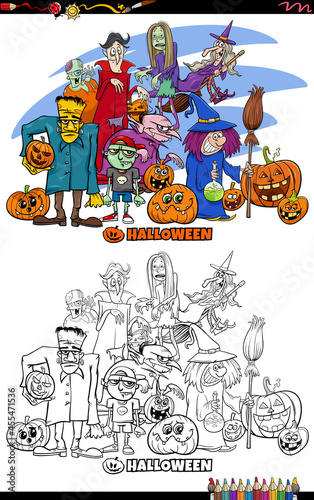 cartoon Halloween characters group coloring book page