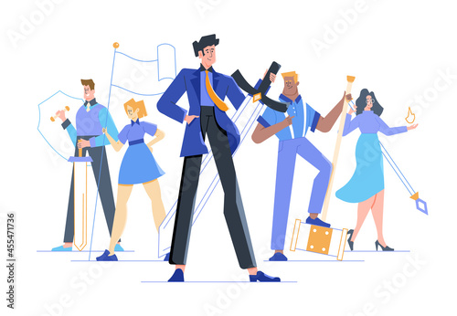 Team of colleagues with weapons in their hands. Men and women of different nationalities in business suits with a sword, shield, flag. Teamwork and Leadership. Vector flat concept illustration.