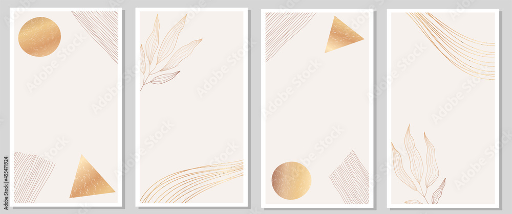 Collection of trendy abstract backgrounds as template for stories design. Gold foil and floral minimalistic illustrations as social media, post, promotion, advertising for business and private blog - obrazy, fototapety, plakaty 