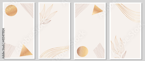 Collection of trendy abstract backgrounds as template for stories design. Gold foil and floral minimalistic illustrations as social media, post, promotion, advertising for business and private blog