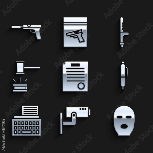 Set The arrest warrant, Security camera, Thief mask, Pen, Retro typewriter, Judge gavel, Police rubber baton and Pistol or gun with silencer icon. Vector