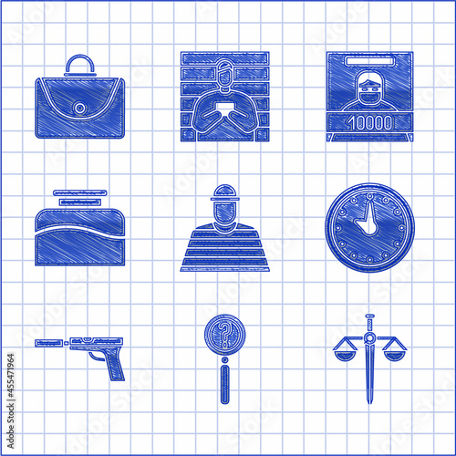 Set Prisoner, Magnifying glass with search, Scales of justice, Clock, Pistol or gun silencer, Inkwell, Wanted poster and Briefcase icon. Vector