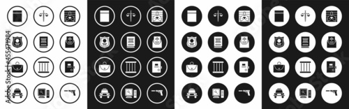 Set Suspect criminal, Law book, Police badge, Plastic bag with ziplock, Subpoena, Scales of justice, Lawsuit paper and Briefcase icon. Vector