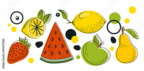Fototapeta Naklejka Na Ścianę i Meble -  Set of fruit icons. Stickers with watermelon, lemon, apple and strawberry. Design elements for poster, cafe menu and social network. Cartoon doodle flat vector collection isolated on white background