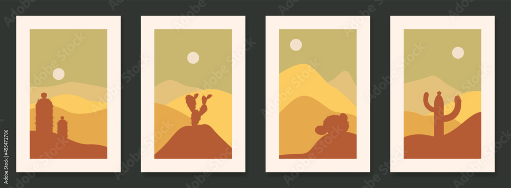 Set of 4 contempory landscape with cactus posters with cactus vector illustration Set of 4 contempory landscape with cactus posters with cactus vector illustration