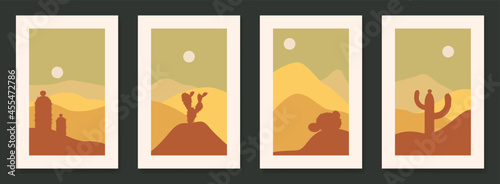Set of 4 contempory landscape with cactus posters with cactus vector illustration