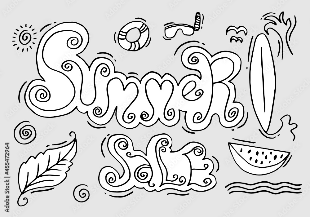 Hand lettering Summer Sale with lemon sliced and leaf. Decorative illustration for banner, print, poster.