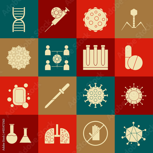 Set Virus, Medicine pill or tablet, spread, DNA symbol and Blood test and virus icon. Vector