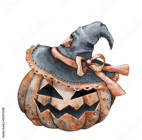Autumn pumpkin with a face in a witch hat. Hand drawn watercolor illustration close up isolated on white background. Halloween holiday design