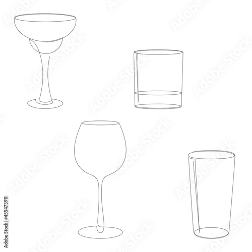 One line empty cocktail glass set. Margarita, old fashioned glass or rocks, wineglass and highball or tumbler. Drinks menu one stroke design. Vector illustration.