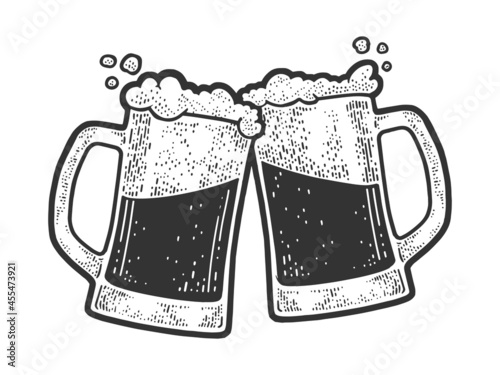 Beer clink mug glasses party sketch engraving vector illustration. T-shirt apparel print design. Scratch board imitation. Black and white hand drawn image.
