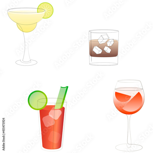 Set of line cocktail margarita, white russian or whiskey with ice, bloody mary and aperol spritz drawing on white background. Vector illustration.