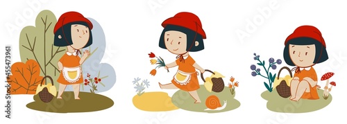 Vector set of little red riding hood girl characters